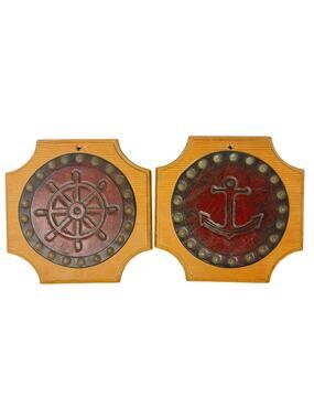 Vintage 70s Nautical Wood Trivets Anchor Ship Wheel Wall Hanging Set